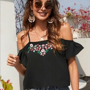 NWT cold-shoulder floral-embroidered blouse